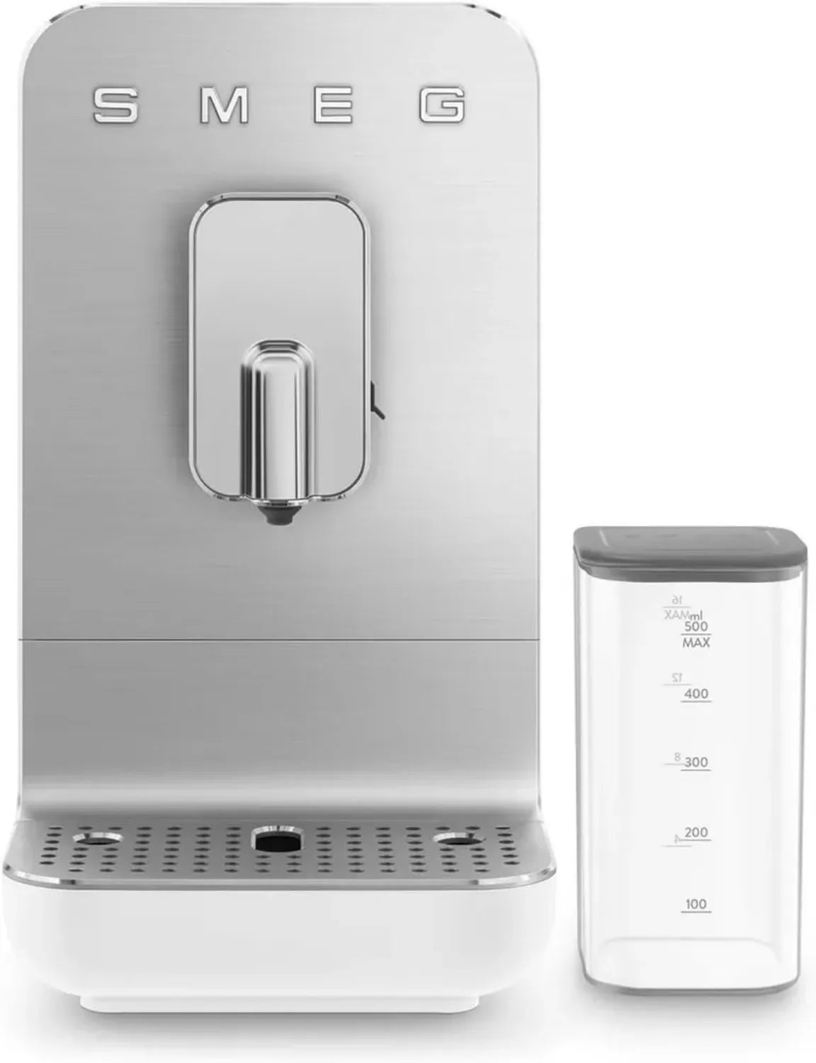 Smeg Cafetière Expresso Automatique, Mousseur à Lait, Broyeur Intégré, Système Thermoblock, Réservoir 1,4 L, Compact, Blanc 1350 W