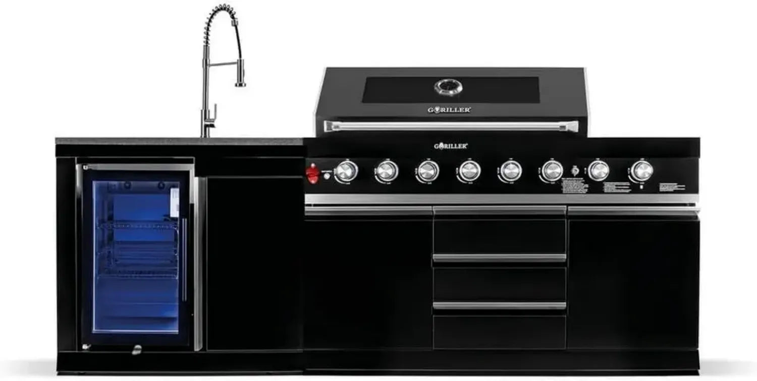 Barbecue à Gaz XXL GORILLER Blackback S1 avec Réfrigérateur et Robinet Intégrés en Acier Inoxydable, Noir