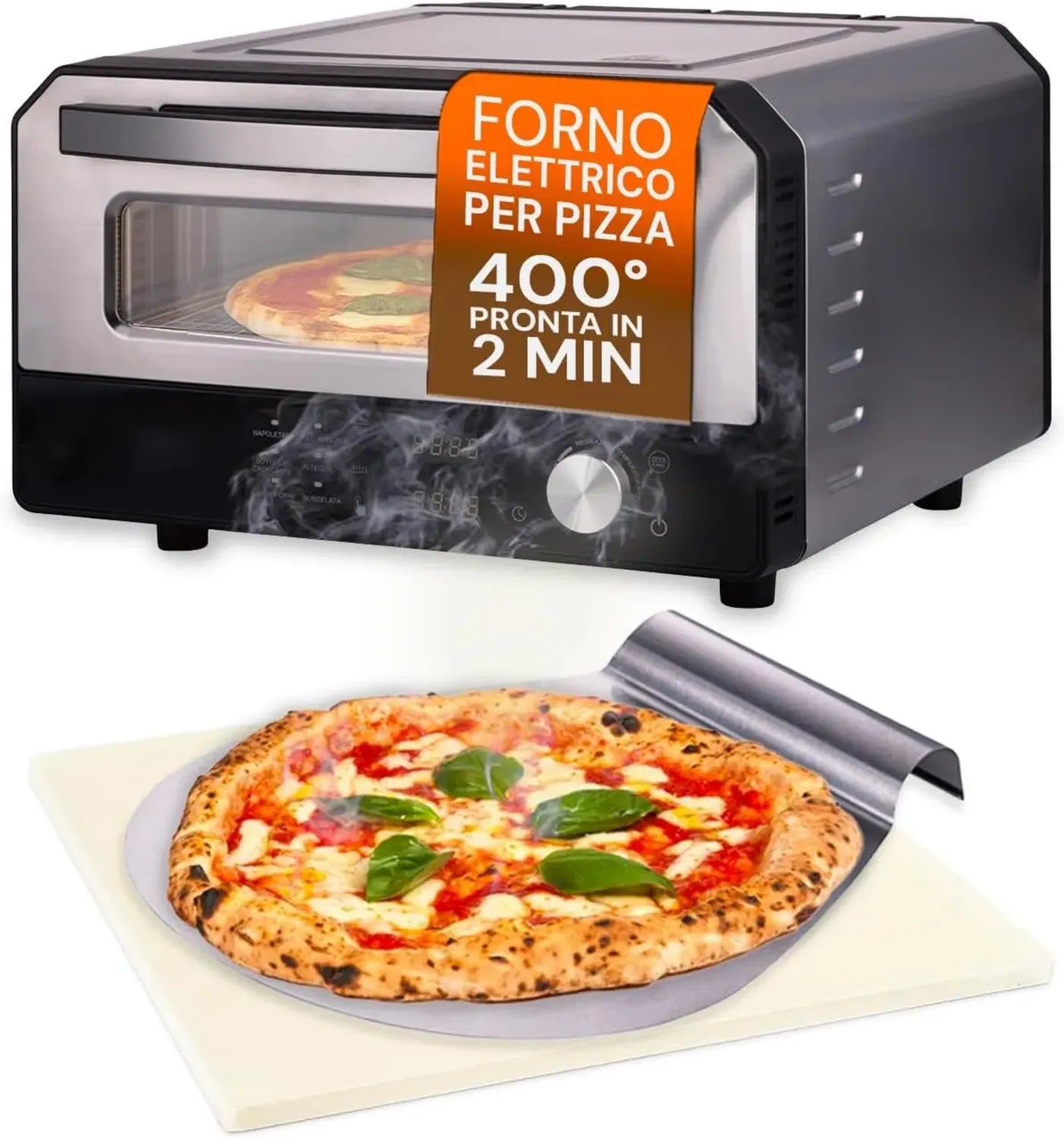 Avilia - Four à Pizza Électrique 400 °C, Écran Numérique, 6 Programmes, Pelle en Inox Incluse, Contrôle Précis de Température