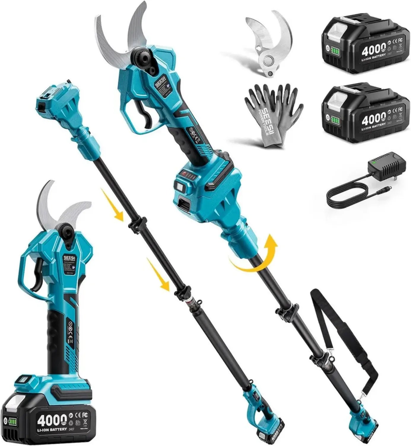 Élagueur Électrique SEESII avec Perche, Téléscopique sans Fil, Portée 4,5 m, Coupe jusqu'à 40 mm, 2 Batteries 4,0Ah, Lame SK5, Idéal pour Jardin et Arbres