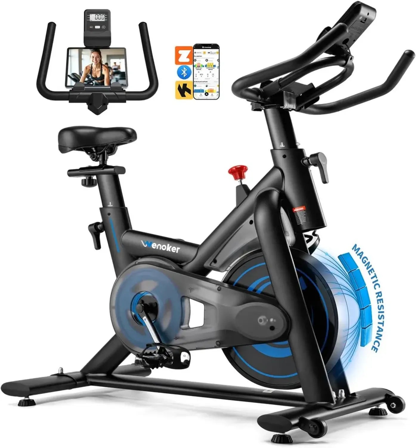 Vélo d'appartement silencieux avec application - Résistance magnétique réglable, écran LCD et siège confortable, capacité 160 kg