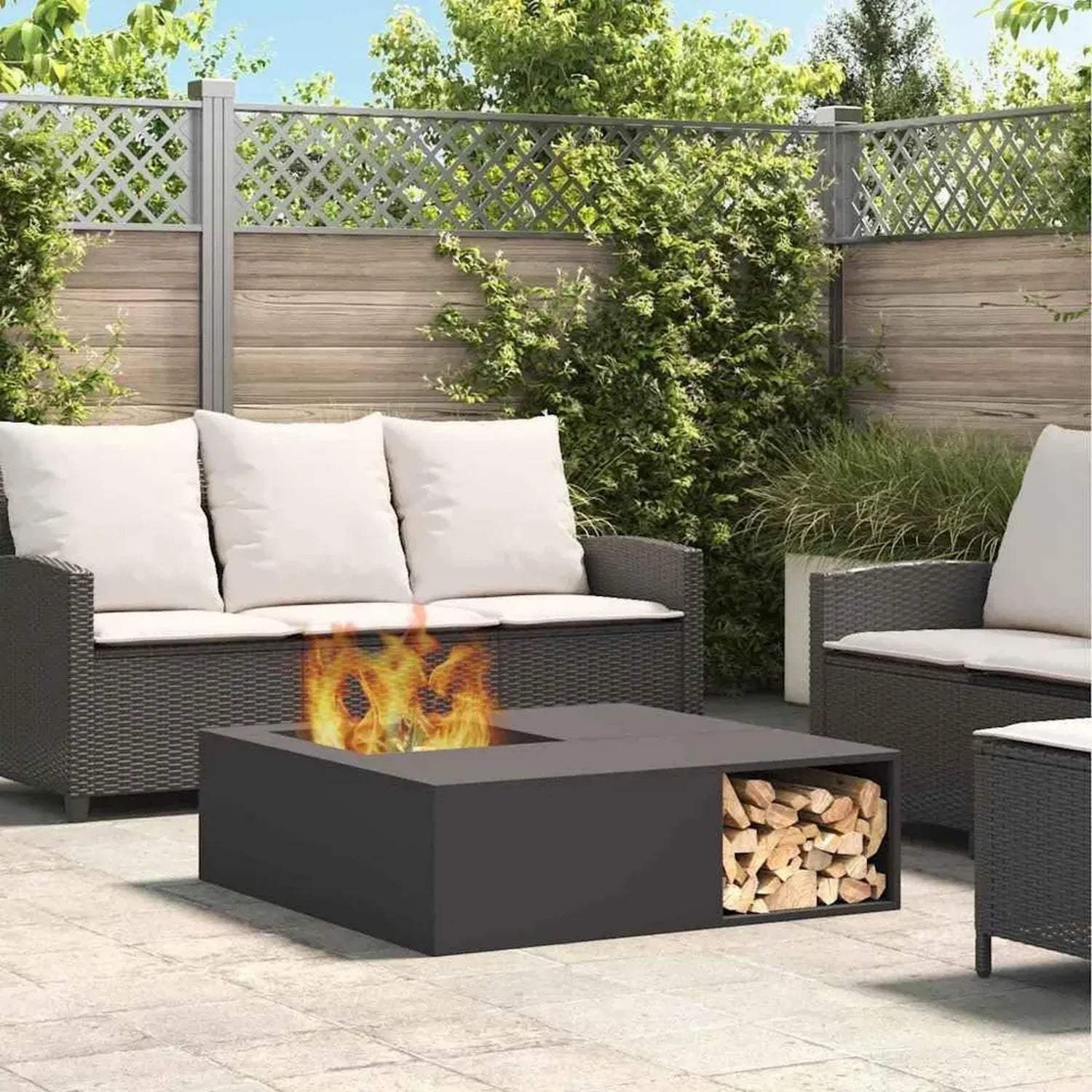 Brasero d'Extérieur Noir en Acier 100 x 100 x 30 cm, Chauffage Multifonction pour Jardin et Terrasse