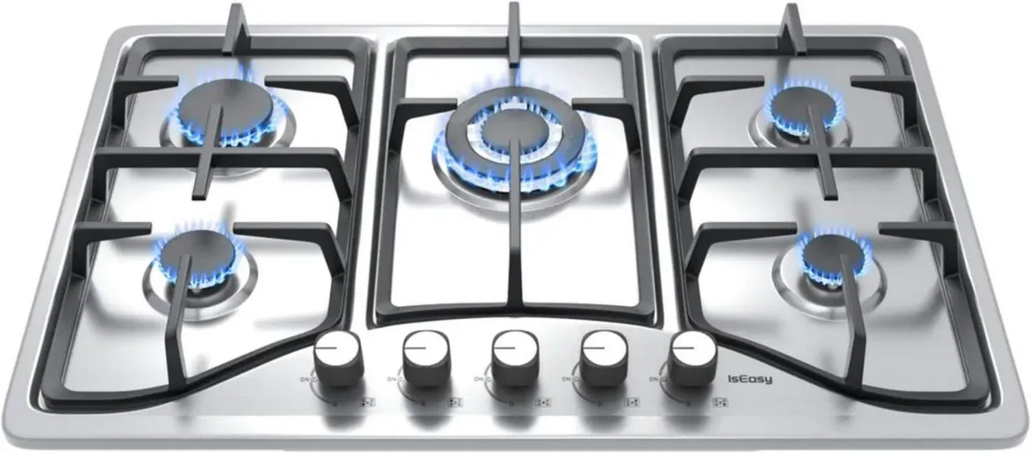 Plaque de Cuisson à Gaz 5 Feux Inox, Encastrable, Compatible Gaz Naturel et Bouteille