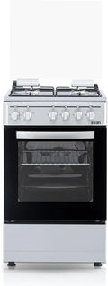 Cuisinière mixte gaz butane 4 foyers avec four 48L en inox, contrôle manuel, 5 programmes, porte double vitrage, couvercle rabattable