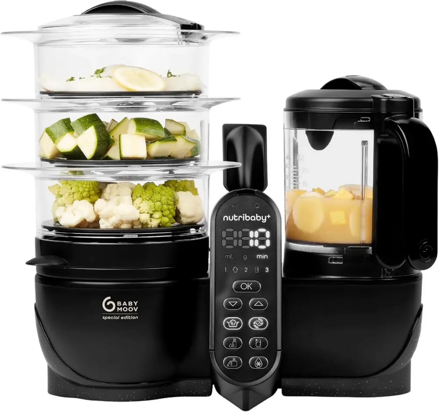 Robot Culinaire Babymoov Nutribaby XL - Capacité 2,9L - Prépare Jusqu'à 14 Repas - 6 en 1 Fonctions - Paniers Vapeur Doubles - Mixeur et Cuiseur Tout-en-Un, Noir