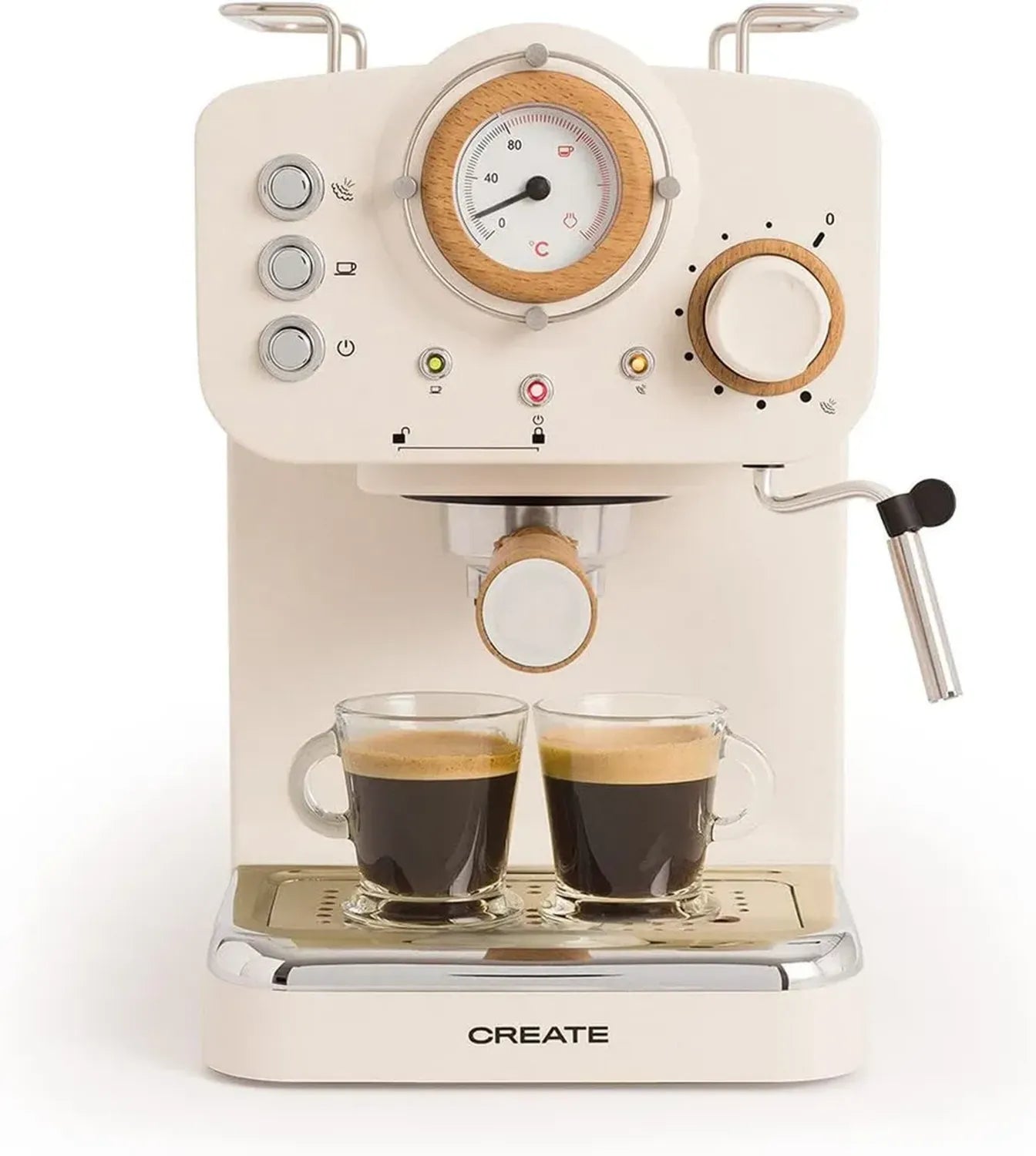 Cafetière Expresso Semi-Automatique Blanc Mat avec Finition Bois, 20 Bars, Réservoir 1,25L, Compatible Café Moulu et Dosettes ESE, 1100W avec Vapeur