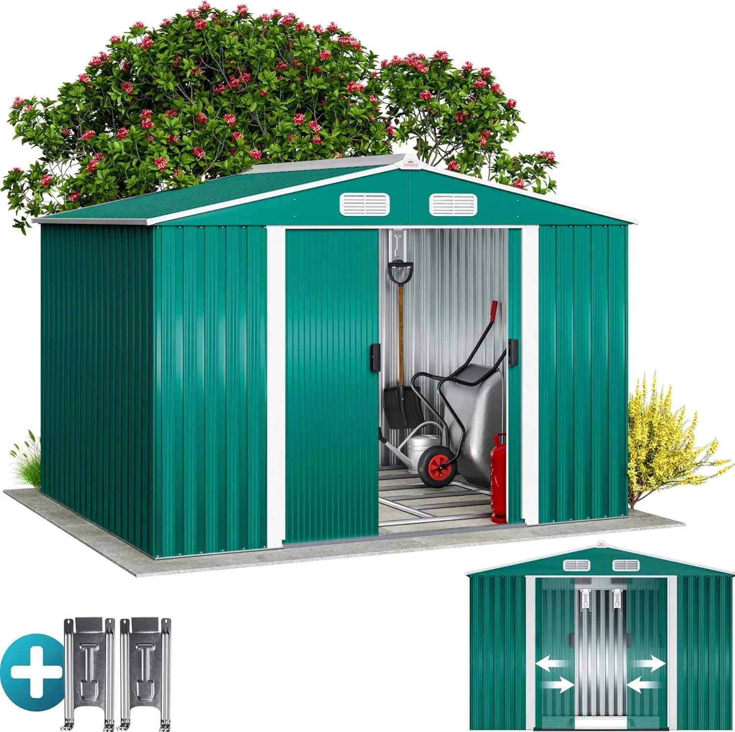Abri de Jardin Métallique XXL 5m² avec Porte Coulissante Vert, Rangement Extérieur 9m³