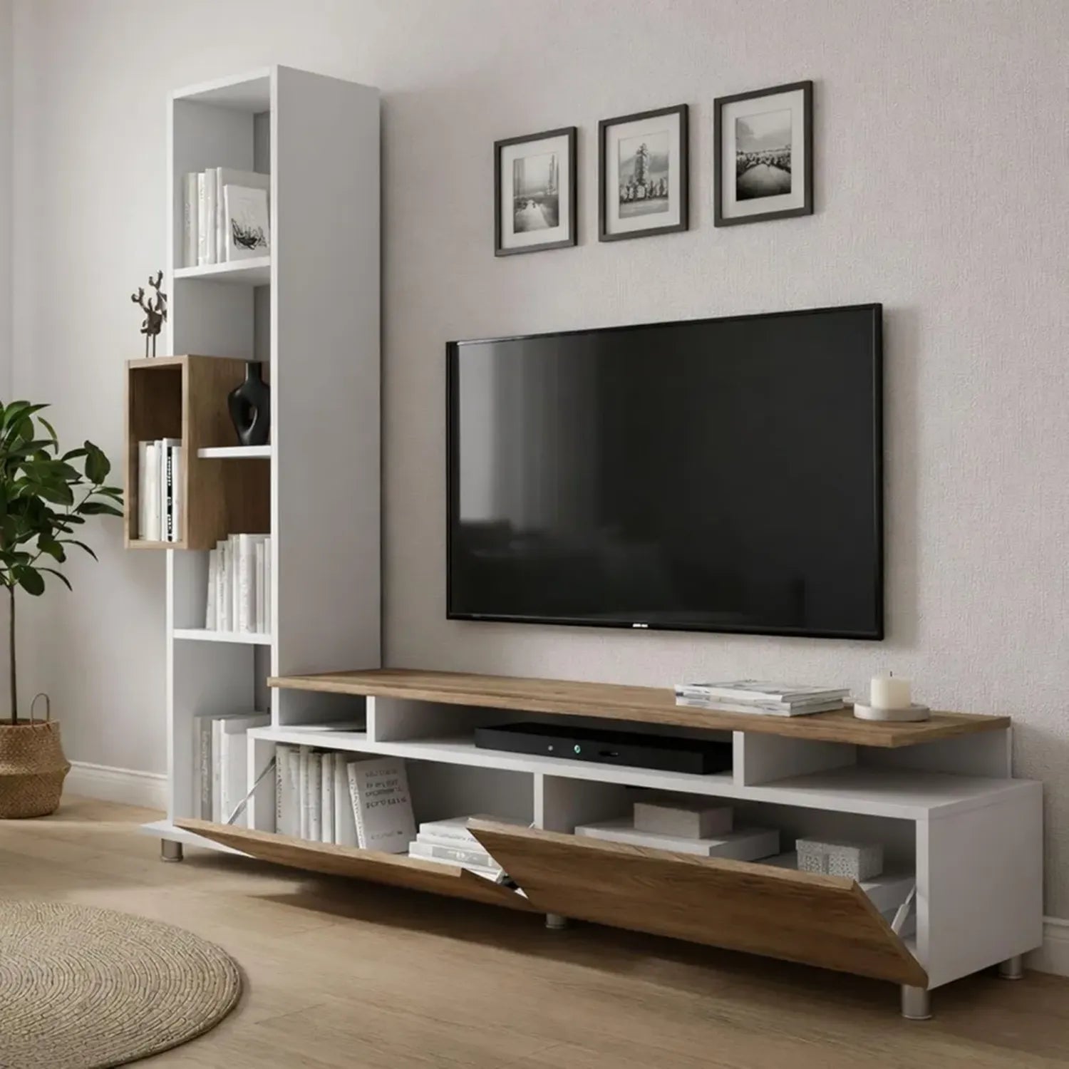 DÉCOWISE - Ensemble de Meubles Muraux pour Salon, Support TV Polyvalent, 160x30x167 cm, Finition Blanc et Noyer