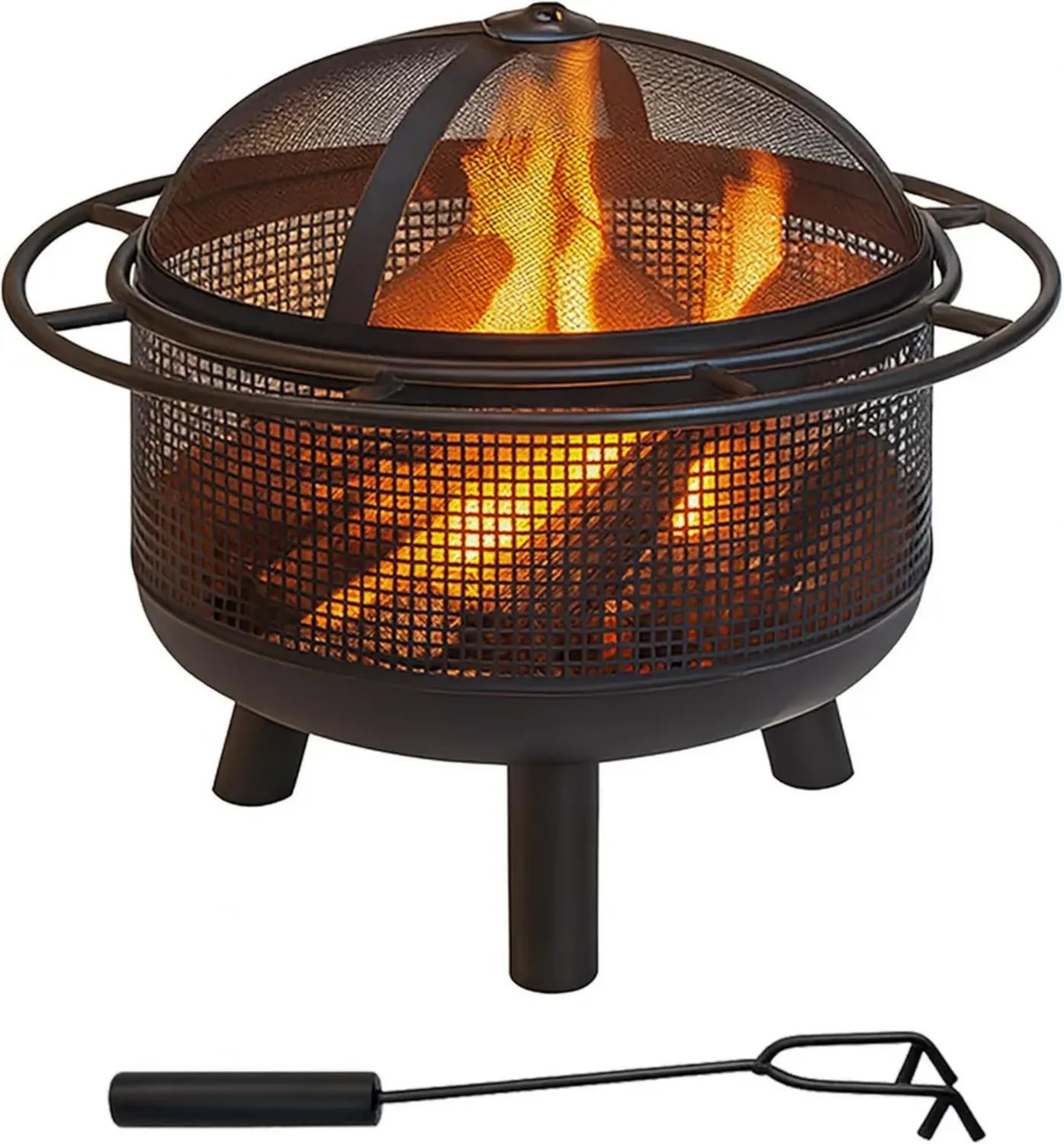 Brasero en Fer Noir avec Grille de Protection et Tisonnier, 52 x 60 cm, pour Jardin et Terrasse