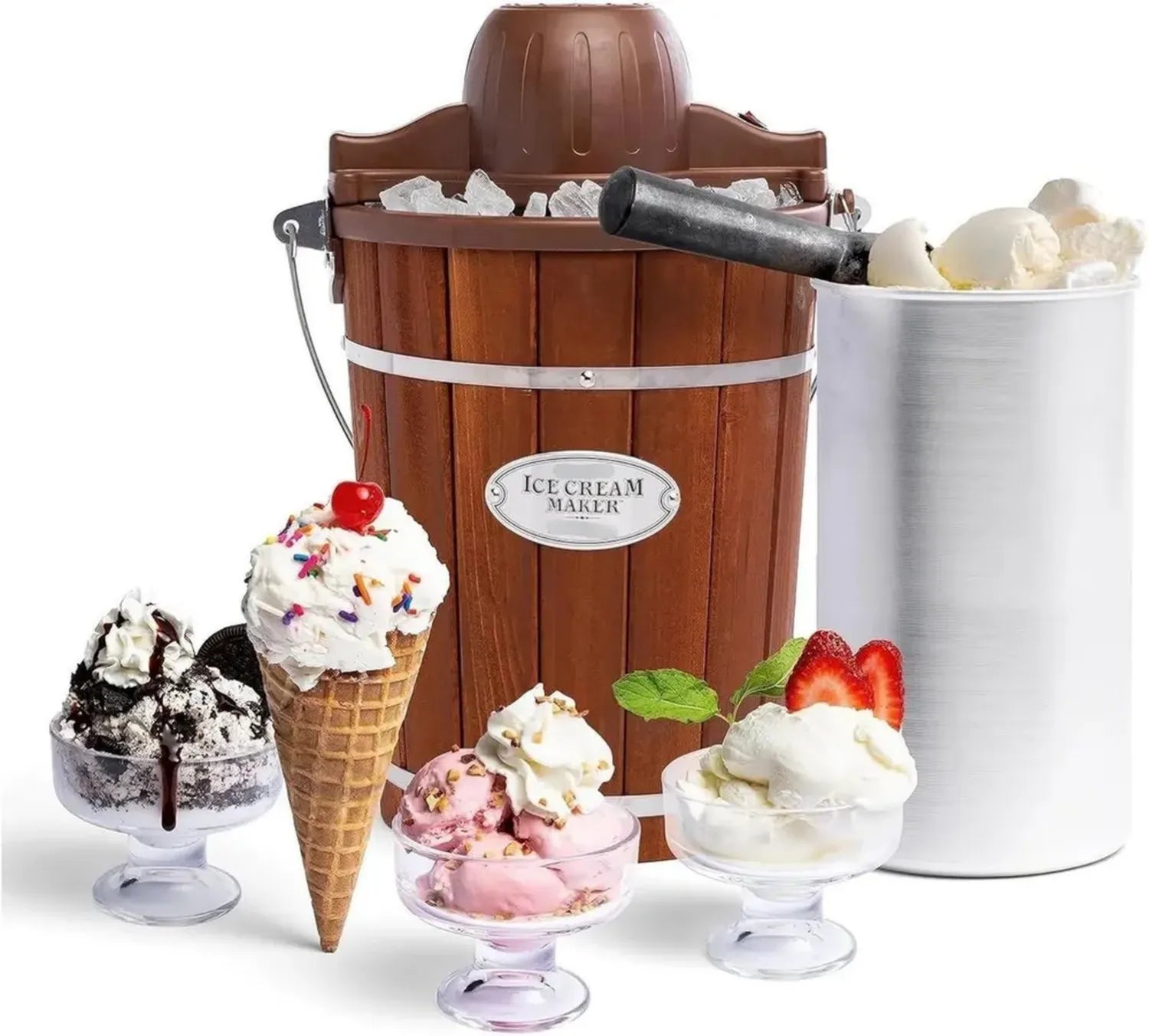 Sorbetière Électrique 6 L au Design Vintage en Bois, Appareil Automatique pour Desserts Glacés à Domicile