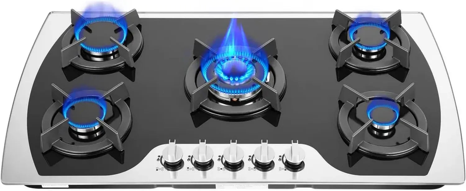 Plaque de cuisson à gaz 5 feux encastrable, verre noir, compatible GPL et gaz naturel, 90 x 51 cm, 10,25 kW