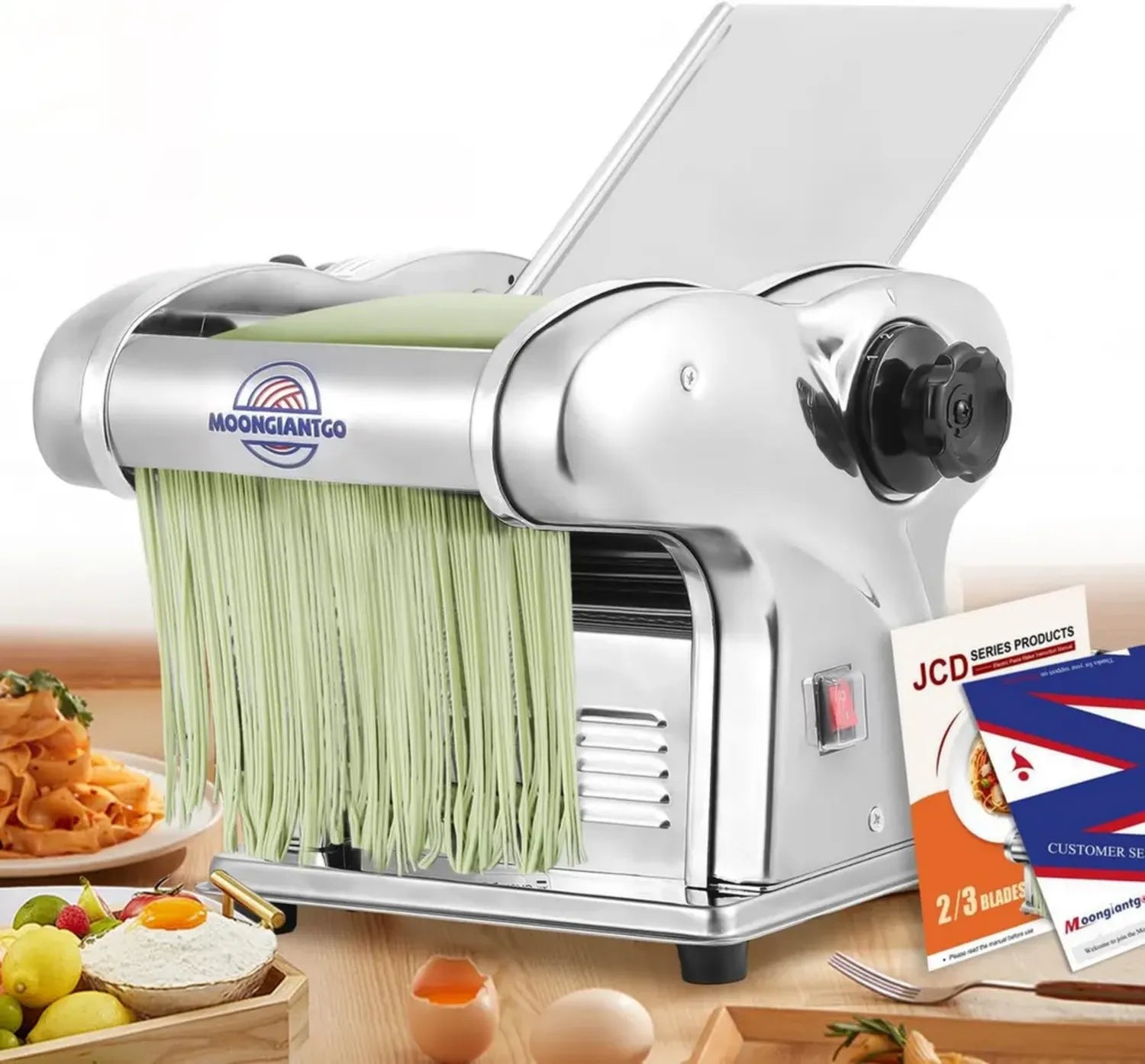 Machine à Pâtes Électrique Moongiantgo en Acier Inoxydable - 9 Épaisseurs Réglables et Lames Multiples pour Spaghettis, Fettuccine, Tagliolini, Raviolis