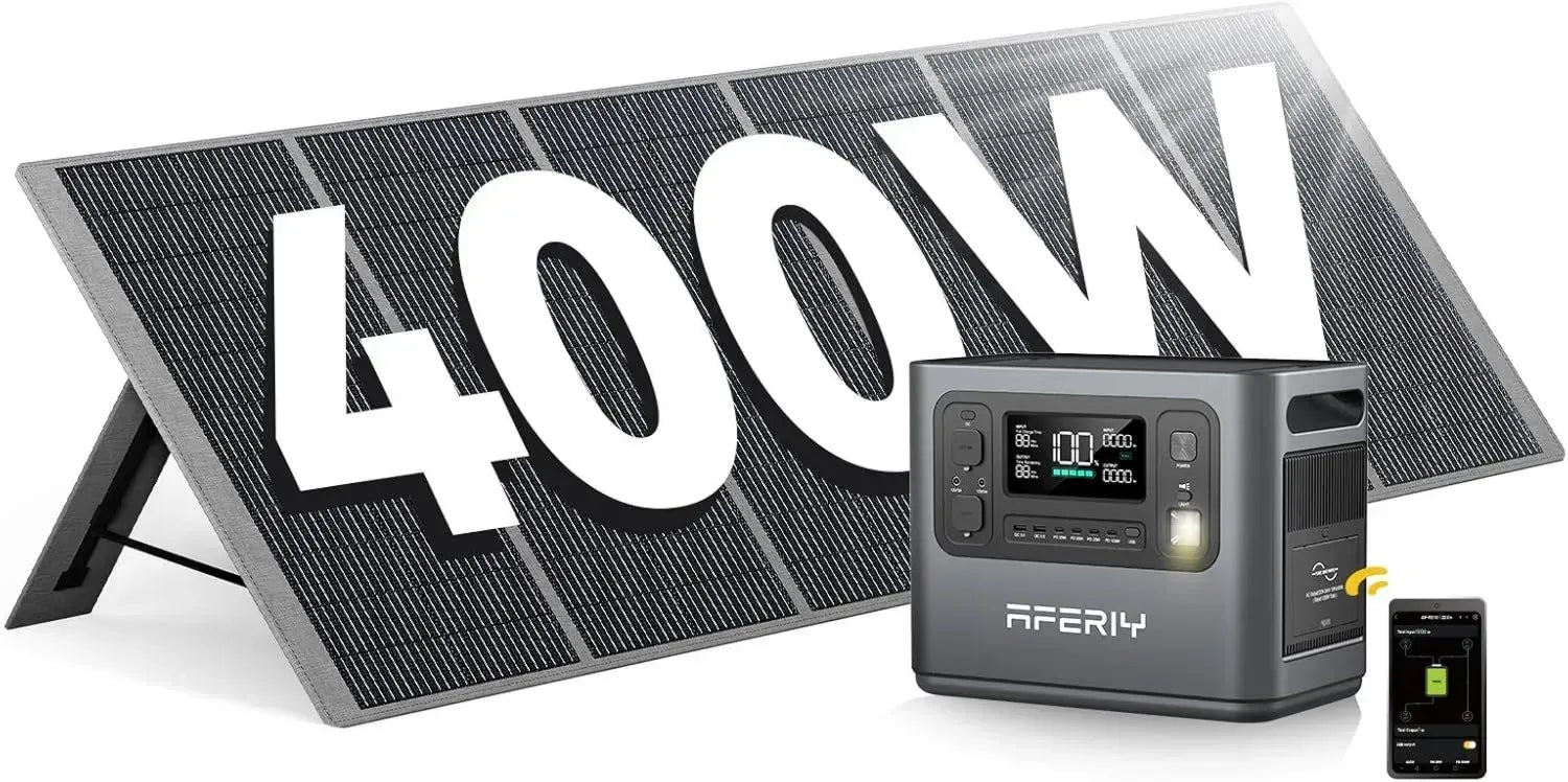 Générateur Portable AFERIY 2400W avec Panneau Solaire 400W, Batterie 2048Wh, 3 Prises CA, Centrale Électrique pour Camping