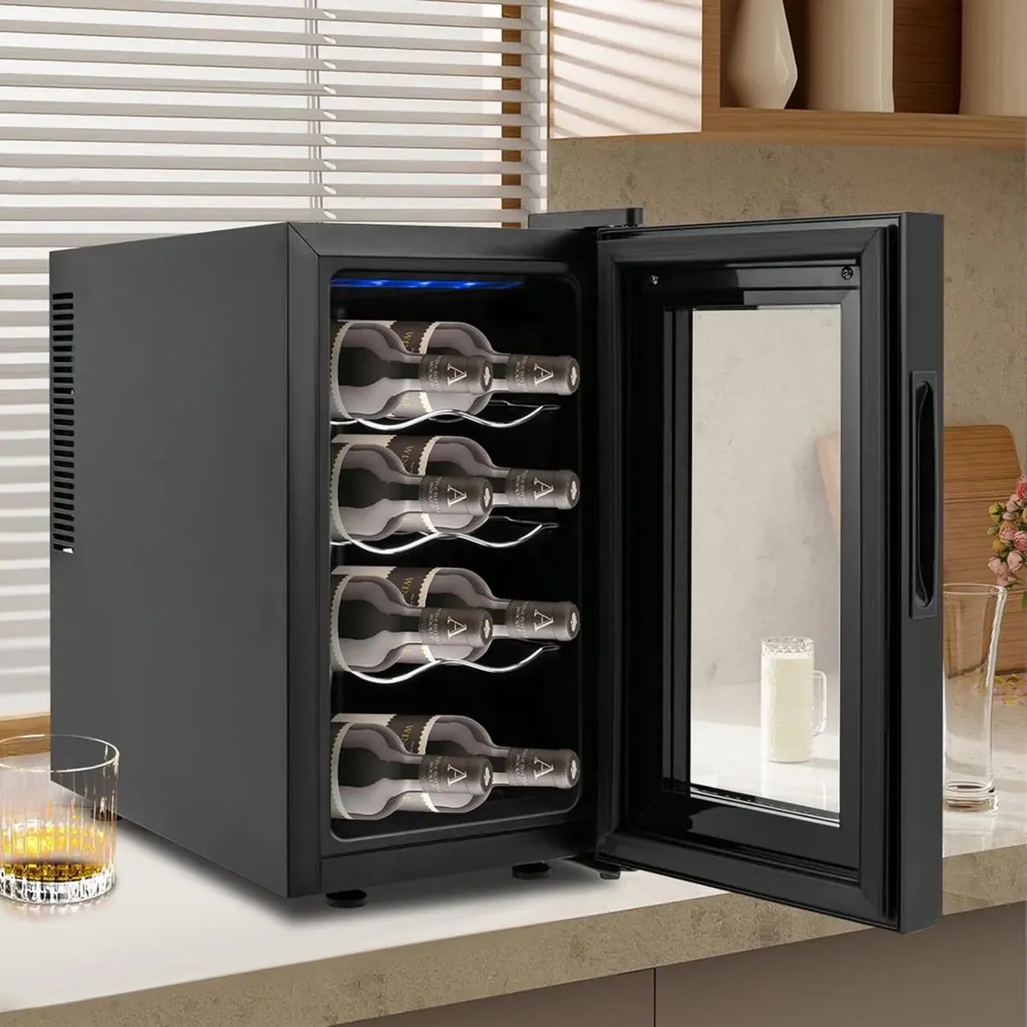 Cave à vin 8 bouteilles - Contrôle de température - Porte en verre panoramique - Éclairage LED intégré - Capacité 23L