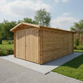 Abri de Jardin en Bois Massif 15m² avec Traitement Anti-Insectes et Fongiques, Toit Voligé 20mm, Porte Double, Couleur Marron
