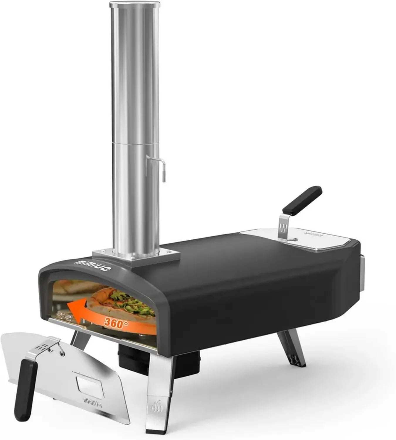 Four à Pizza Extérieur au Bois et Charbon avec Rotation Automatique, Pierre de 33 cm - Mimiuo