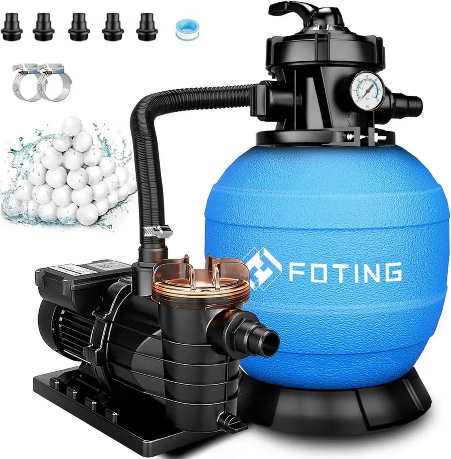 Système de Filtration à Sable pour Piscine, Débit 15 000 L/h, avec Billes Filtrantes et Vanne à 7 Voies