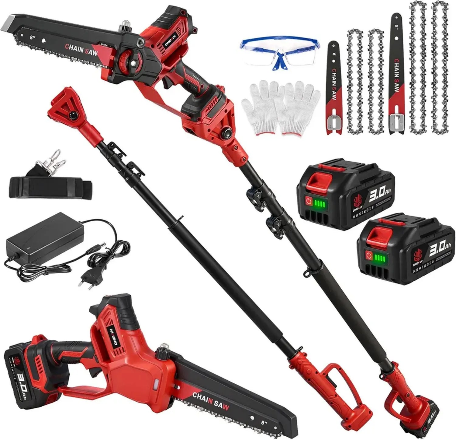 Tronçonneuse Télescopique Sans Fil 4-en-1, Moteur Brushless, Lames 8'' et 6'', Perche Ajustable de 2,5m, 700W, 2 Batteries 3,0Ah