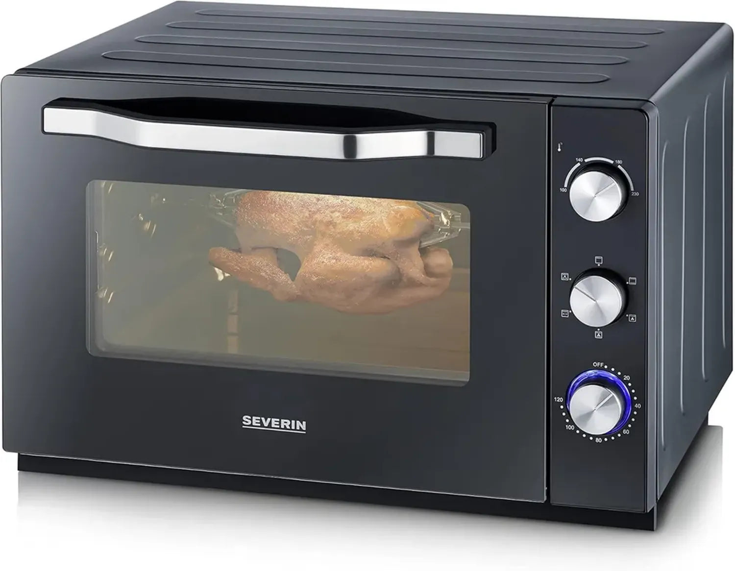 Four Électrique XXL 60L avec Chaleur Tournante, Pierre à Pizza et Tournebroche, 2200W - Noir/Inox