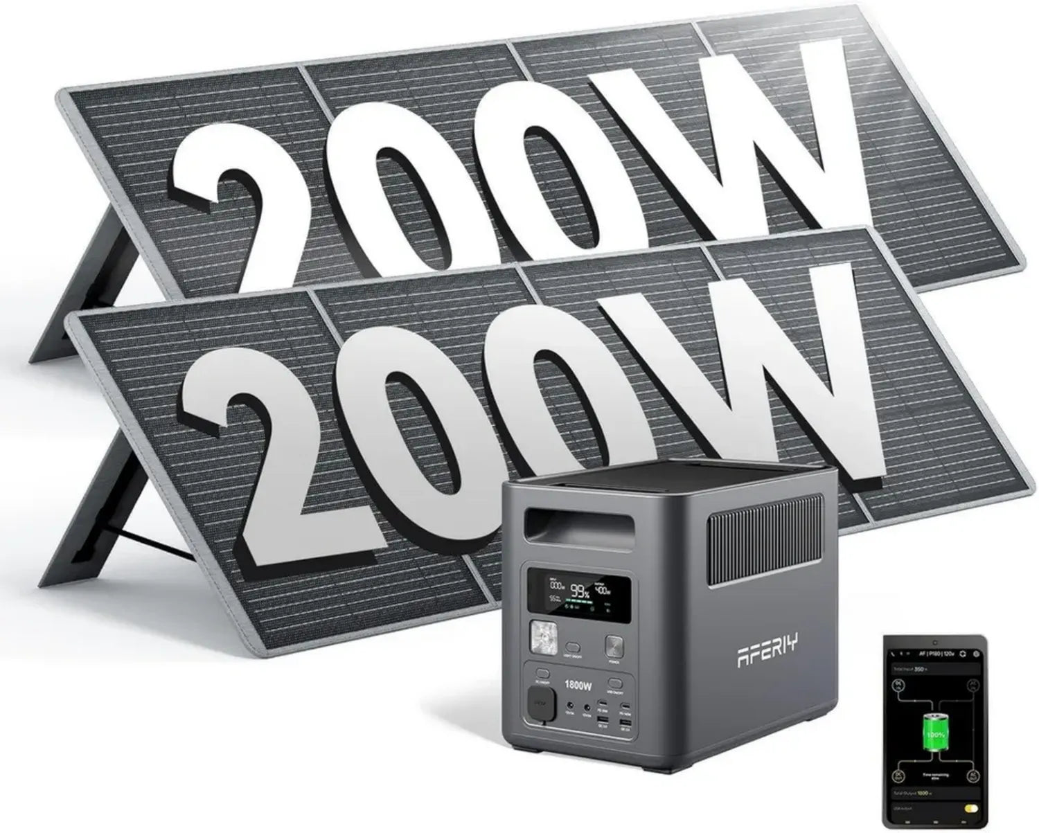 Générateur Solaire Portable AFERIY 1800W avec Batteries LiFePO4 1024Wh et Panneau 200W, Résistant IP65, pour Utilisation Polyvalente