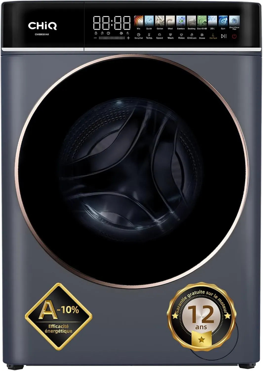 Machine à laver CHiQ 8 kg, écran LED 13,5, classe énergie A-10%, lavage vapeur rapide, moteur BLDC 1400 tr/min, tambour large, joint antibactérien, gris