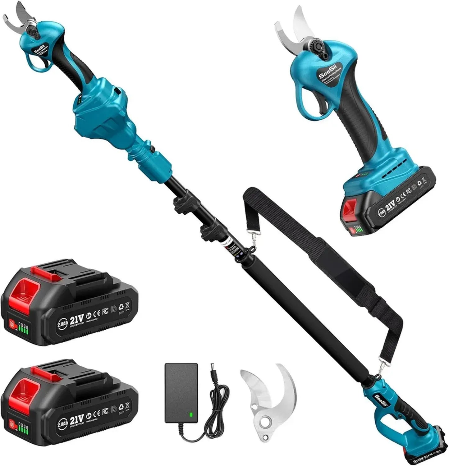 Élagueuse Électrique Professionnelle Seesii avec Perche Télescopique, 4,6 m de Portée, 2-en-1 sans Fil, Coupes jusqu'à 33 mm, 2 Batteries 2.0 Ah, Moteur Sans Balais 600 W