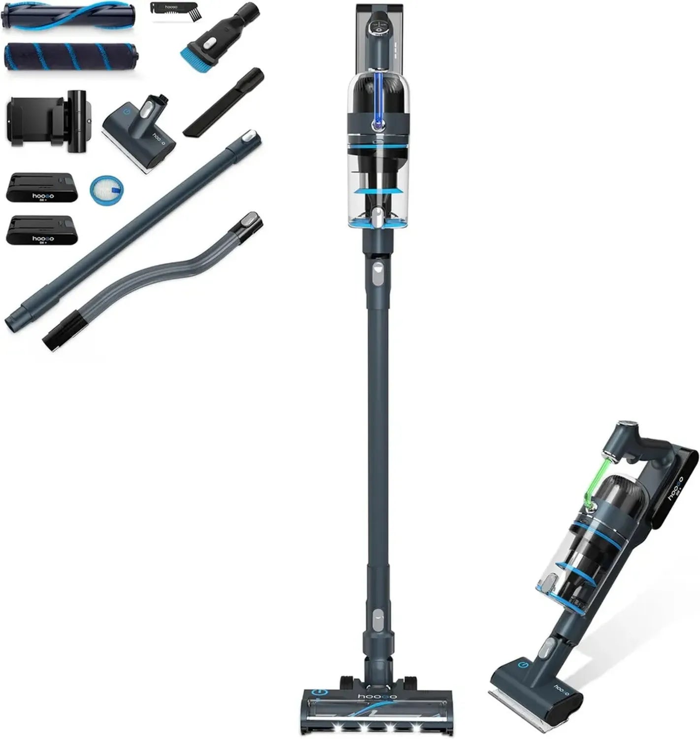 Hoogo Aspirateur Balai Sans Fil S6+ 2-en-1, 100 Min d'Autonomie, Aspirateur à Main avec LED, Spécial Poils d'Animaux, 2 Batteries Rechargeables