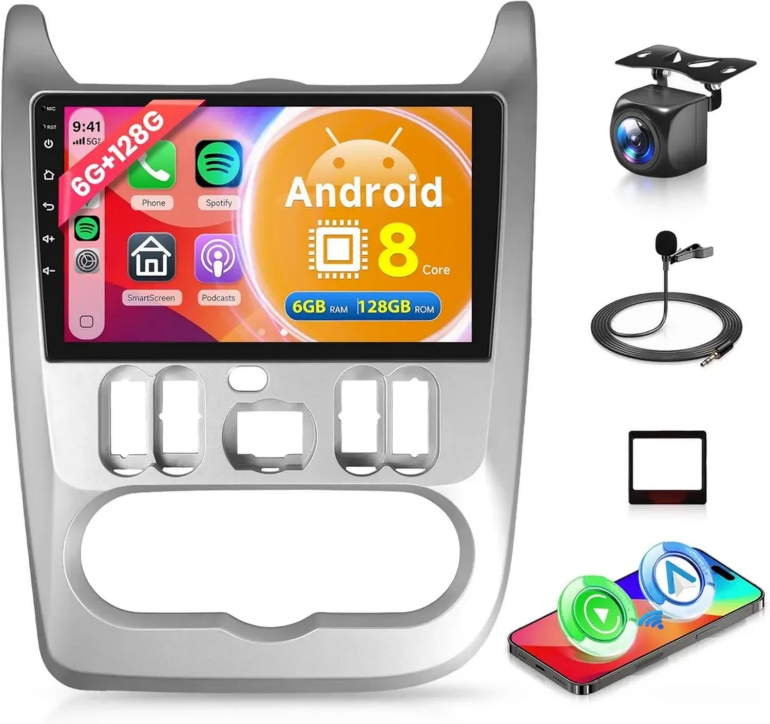 Autoradio Android 8 cœurs 6G+128G pour Renault Logan/Sandero/Duster 2009-2015 avec Écran 9 GPS WiFi Bluetooth