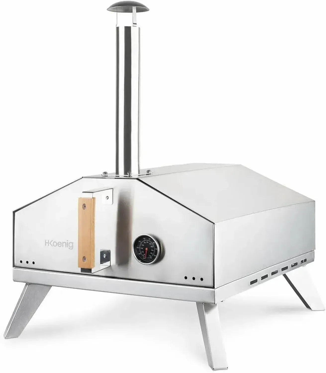 H.Koenig Four à Pizza à Gaz GINO440, Acier Inoxydable, Surface de Cuisson 30,5x30,5 cm, Pierre Cordiérite, Température Max 450°C, Portes et Cheminée Amovibles, Thermomètre et Pelle Inclus