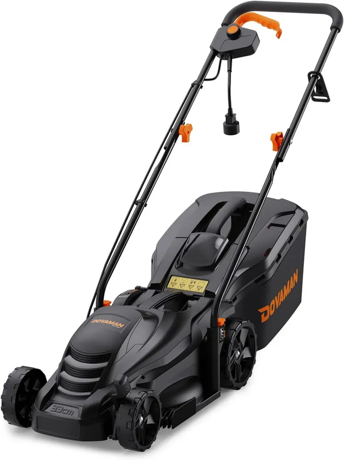 Tondeuse Électrique DOVAMAN 1300W, Réglage Hauteurs 25-65mm, Lame 33cm, Collecte Optimale, Bac 35L Indicateur, Guidon Ajustable