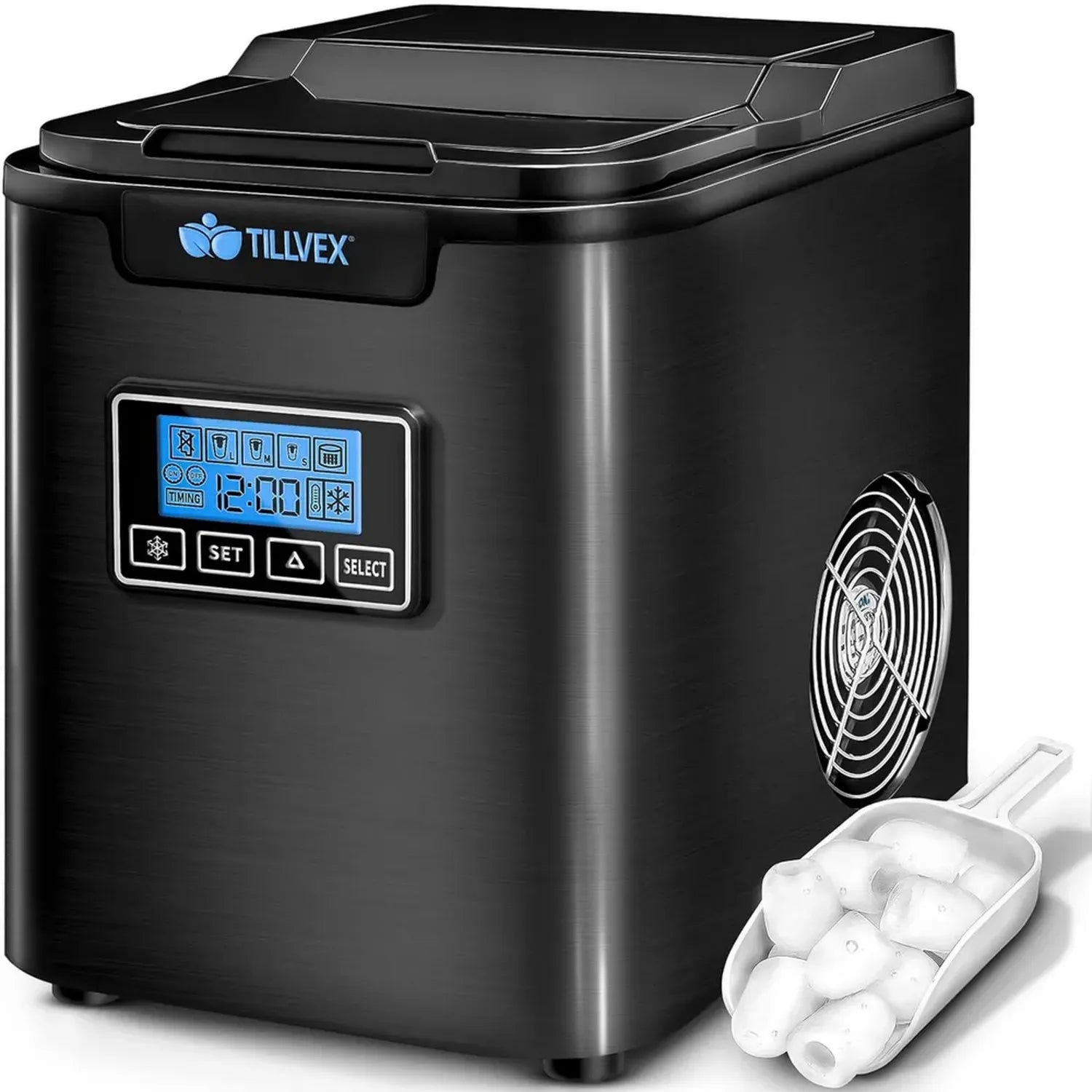 Machine à Glaçons en Acier Inoxydable 12 kg/jour avec Minuterie et Réservoir 2,2L - Écran LED et Auto-Nettoyage - 3 Tailles de Glaçons (Noir)
