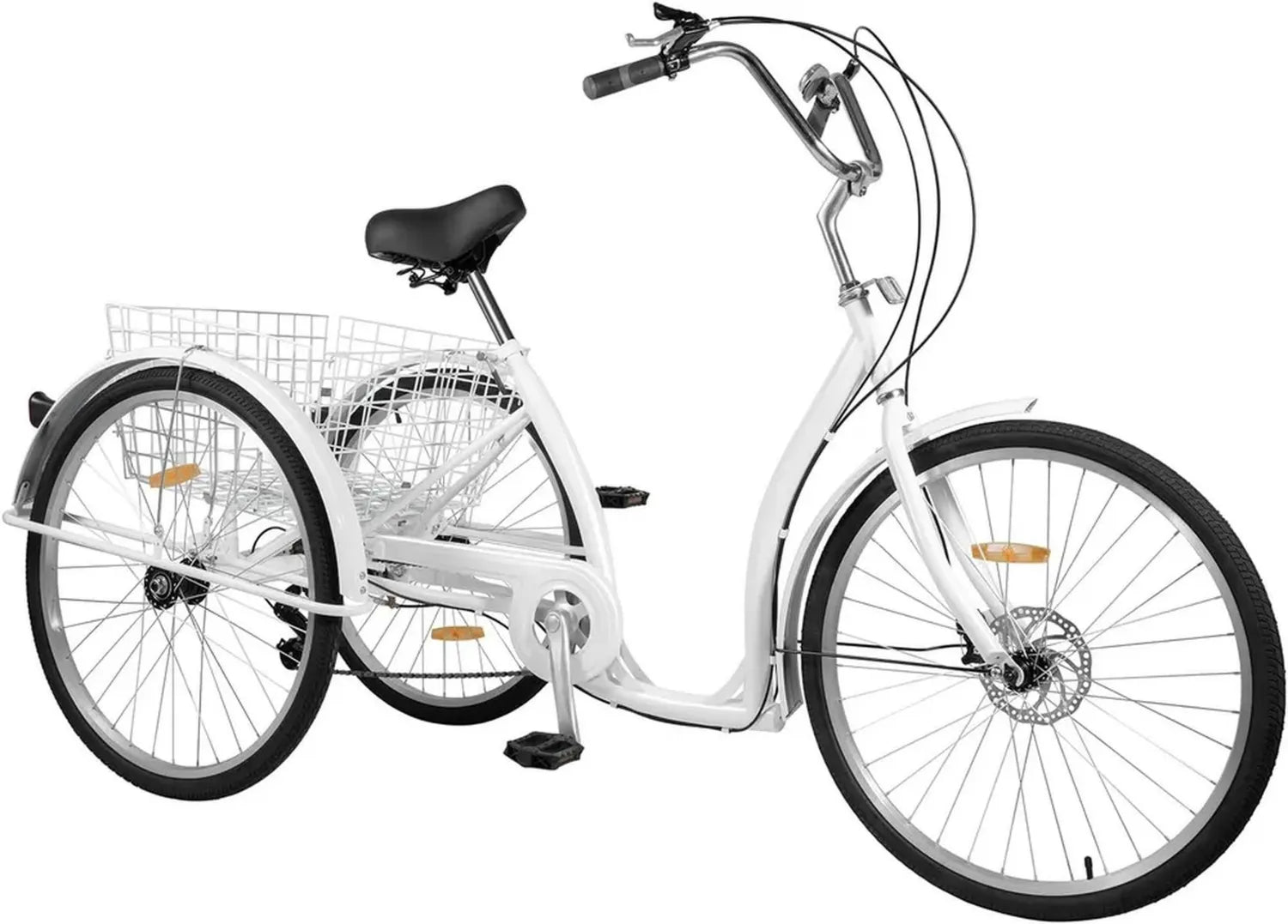 Vélo tricycle adulte 26' blanc, 6 vitesses avec panier, idéal pour hommes, femmes et seniors