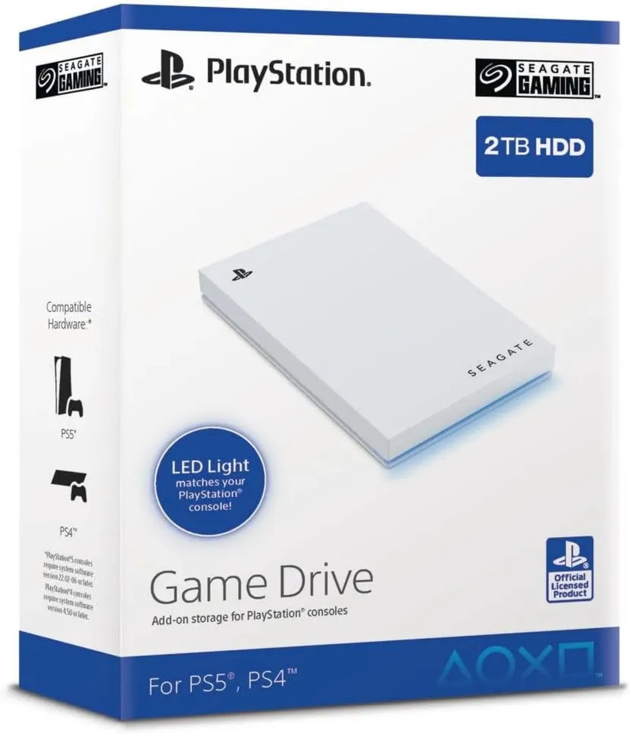 Seagate Disque Dur Externe 2To pour PS4/PS5, USB 3.0, Officiel avec LED Bleue