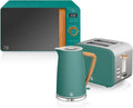 Ensemble Petit-Déjeuner Swan Nordic : Bouilloire 1,7L, Grille-Pain 2 Tranches & Micro-Ondes 20L - Effet Bois, Vert Moderne
