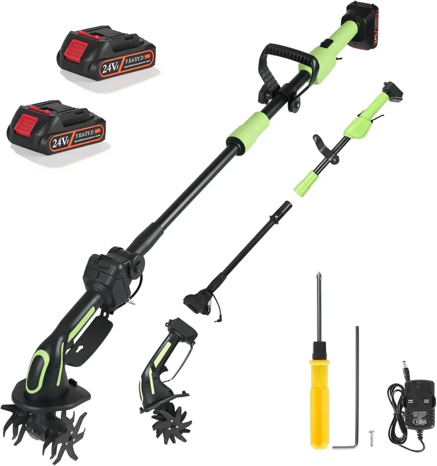 Motobineuse Électrique Sans Fil 21V avec 2 Batteries 1500mAh, Manche 1,3m, Largeur 10cm, Profondeur 10cm