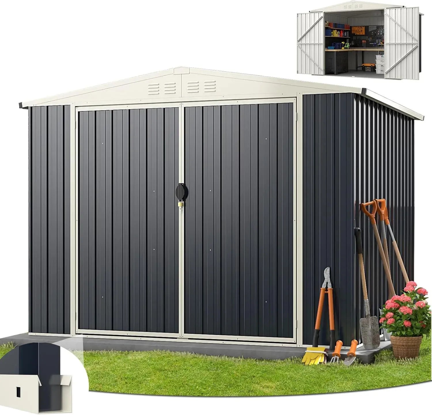 Abri de Jardin Métal 7.5 m³ avec Toit à Double Pente et Portes Verrouillables