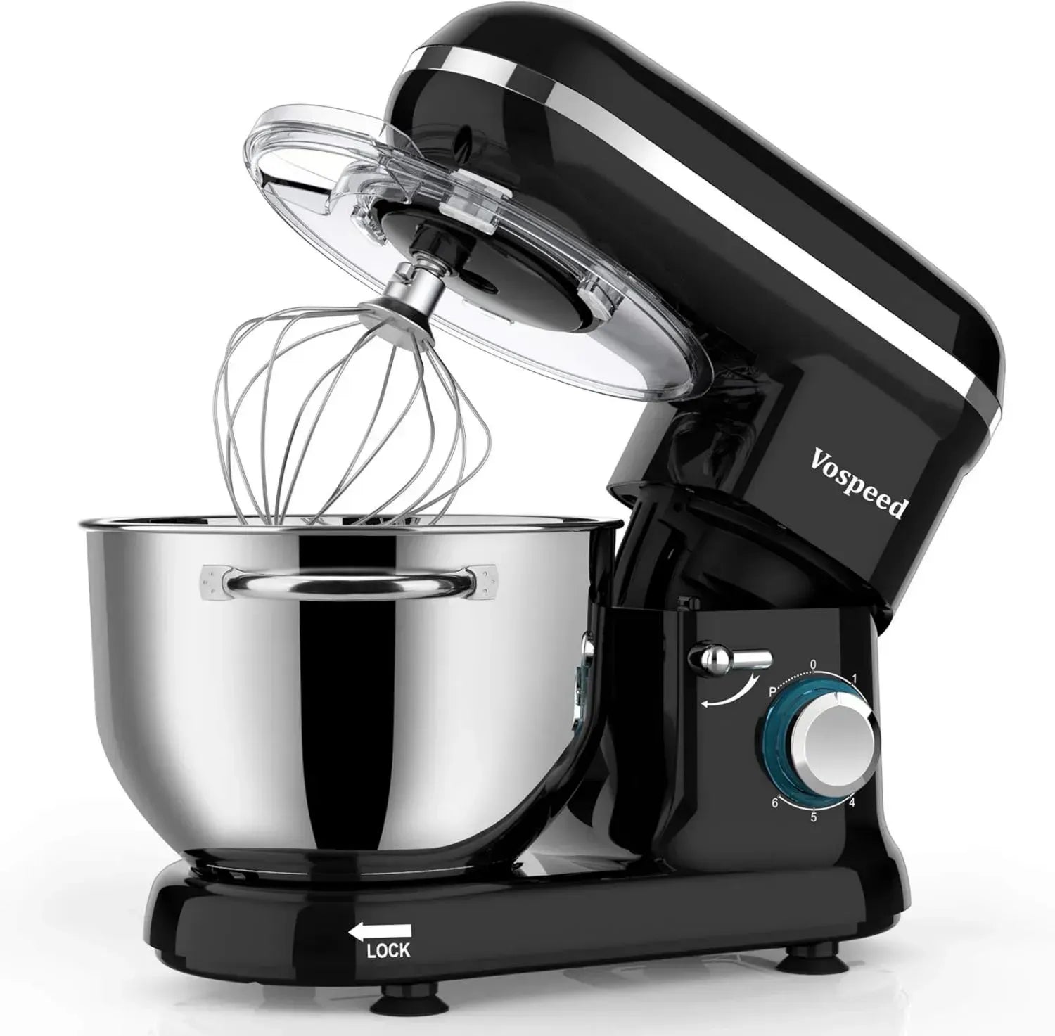 Robot Pâtissier Vospeed 1500W, Bol 6,2 L en Acier Inoxydable pour Cuisine, Mélangeur Multifonction avec Batteur, Crochet et Fouet, Compatible Lave-vaisselle (Noir)