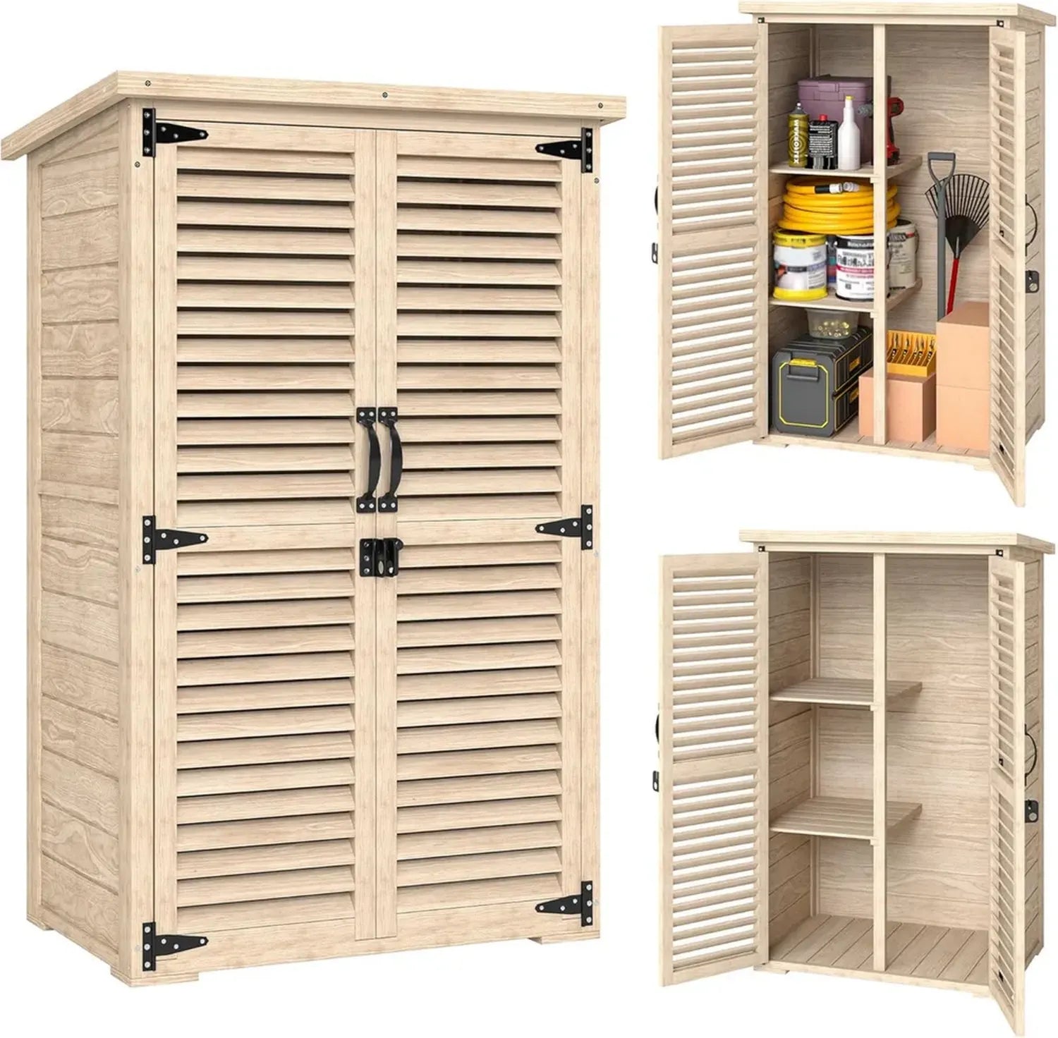 Abri Jardin Outsunny, Cabane Bois Extérieur avec Toit Bitumé, 2 Étagères et Portes Verrouillables, 75 x 50 x 118 cm, Finition Naturelle