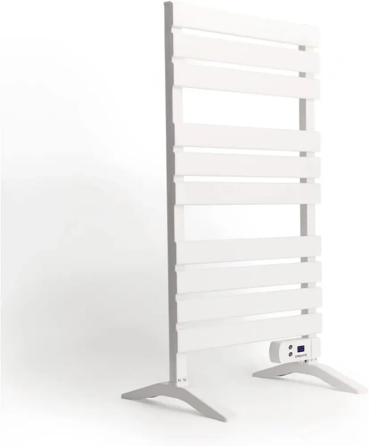 Sèche-serviettes électrique 500W CREATE avec pieds, blanc, 103x5x55 cm, installation au sol ou murale, minuterie avec écran LCD, basse consommation