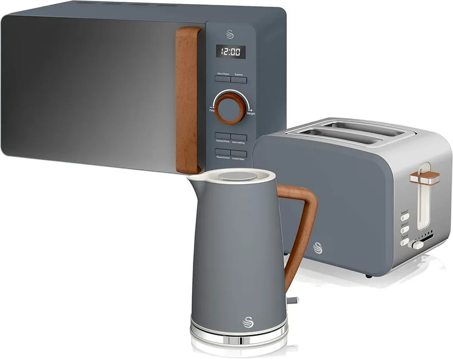 Set Petit-Déjeuner Swan Nordic: Bouilloire 1,7L, Grille-pain 2 Tranches, Micro-ondes 20L, Modèle Moderne Bois Gris