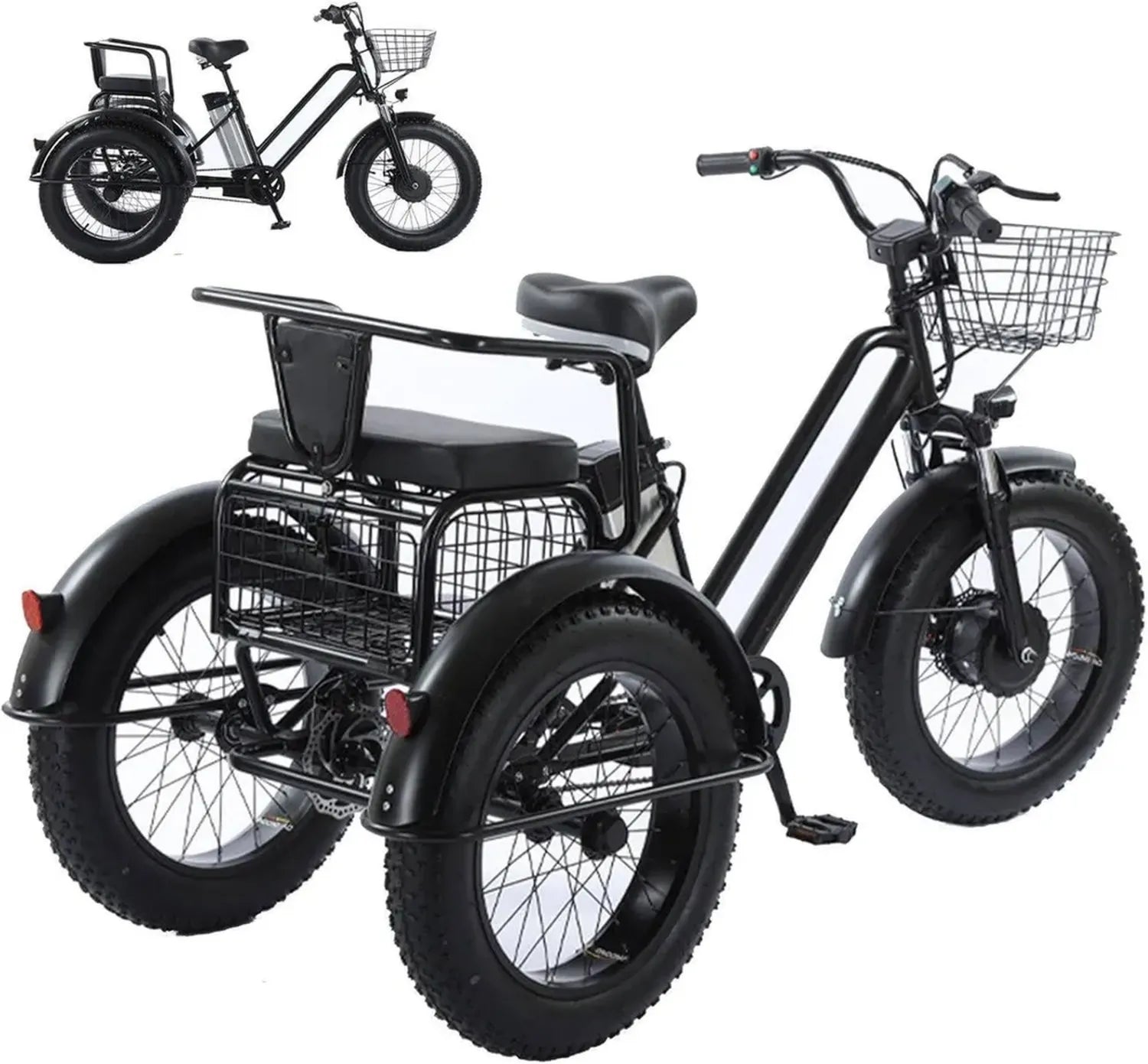 Vélo cargo électrique adulte 20'' à pneus larges, tricycle avec batterie 48V 12Ah amovible, charge max 200kg, autonomie 35 km