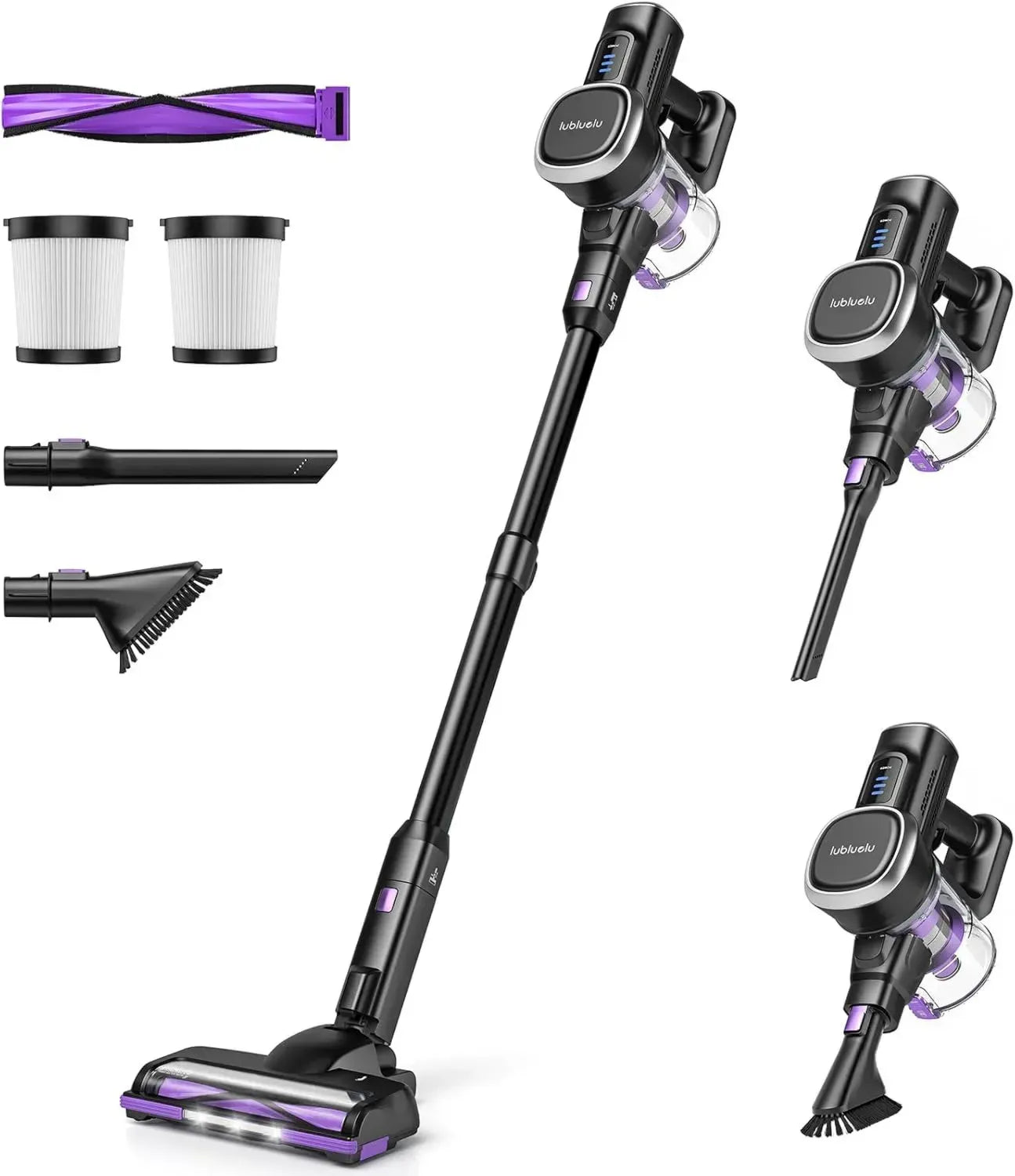Aspirateur Balai Lubluelu puissant sans fil avec batterie amovible, autonomie 50 min, pour sols durs et poils d'animaux - Noir Violet