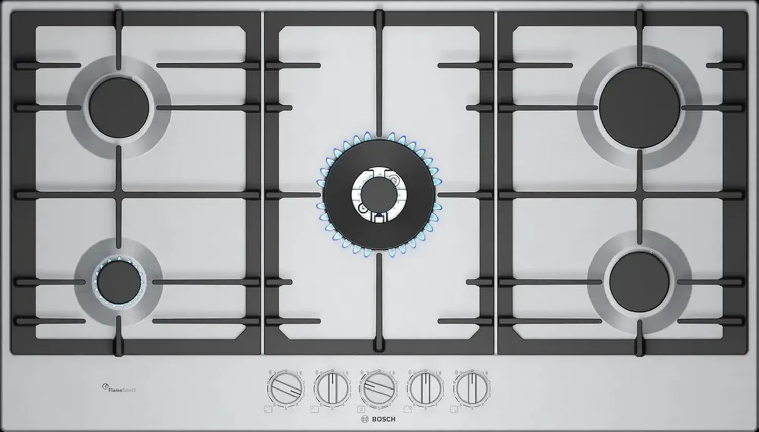 Plaque de Cuisson à Gaz Bosch Serie 6, 90 cm, FlameSelect, Poignées Amovibles, Fonction WOK, Grilles Fonte
