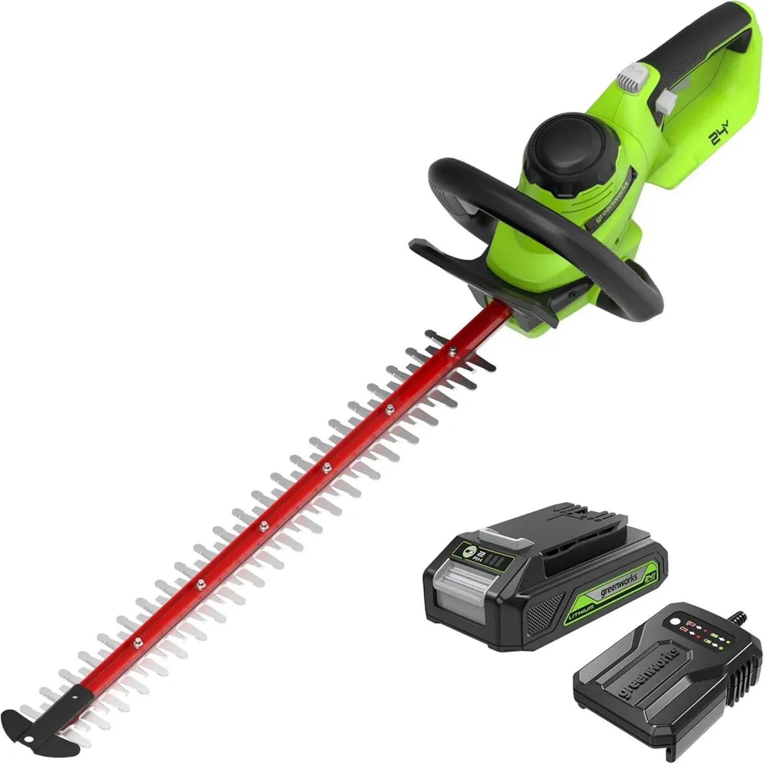 Taille-haie sans fil Greenworks 24V, Lame de 56 cm, Coupe jusqu'à 25,4 mm, 3000 SPM, avec batterie 2Ah et chargeur