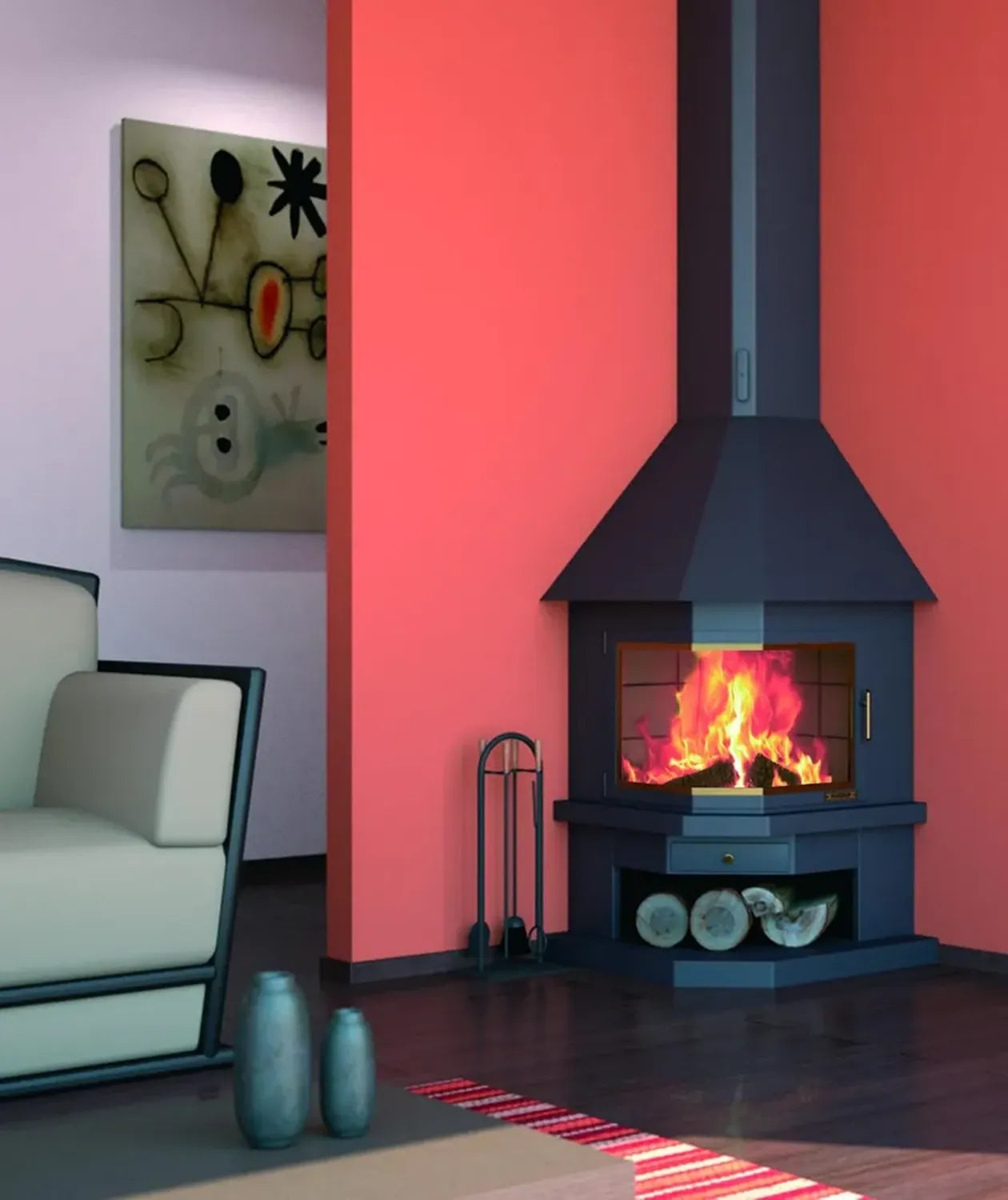 Cheminée d'Angle Anthracite CH01 avec Socle et Foyer Réfractaire, Sans Porte
