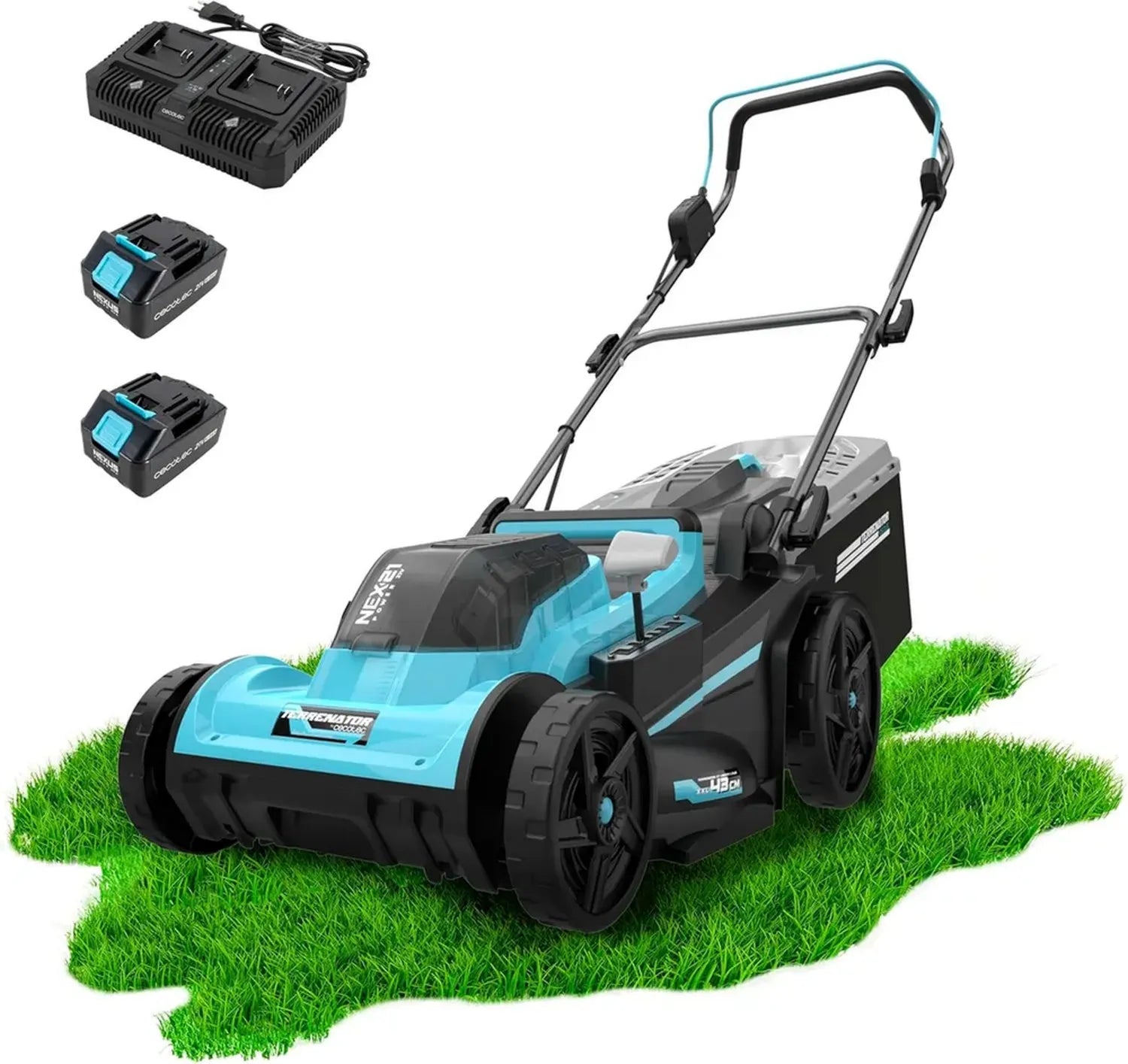 Tondeuse à Gazon sans Fil Cecotec Terrenator E7 Liberty Z Plus, Moteur Brushless, 2 Batteries 21V 4Ah, Réglage Hauteur Z-Tech, 43 cm, Bac 45L