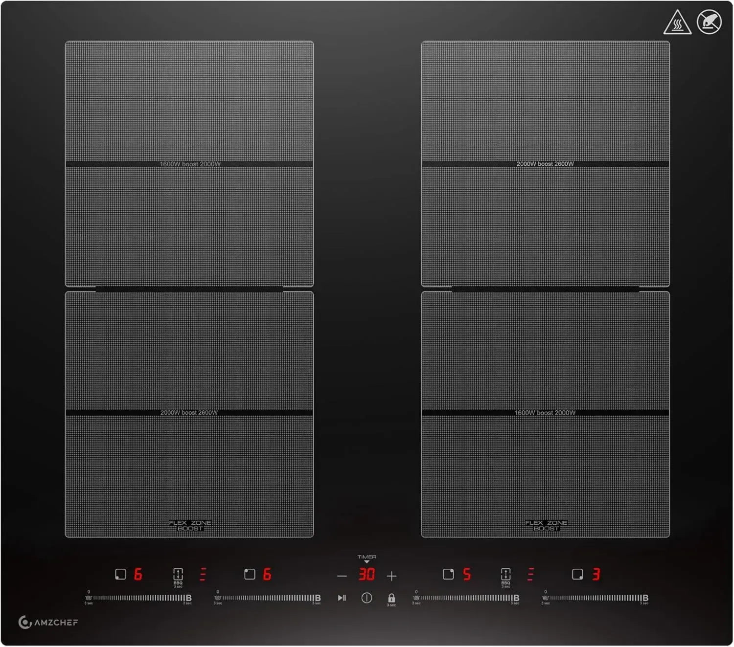 AMZCHEF plaque à induction 4 zones avec flexibilité et booster, fonctionnement silencieux, barbecue intégré, maintien au chaud, 7400W