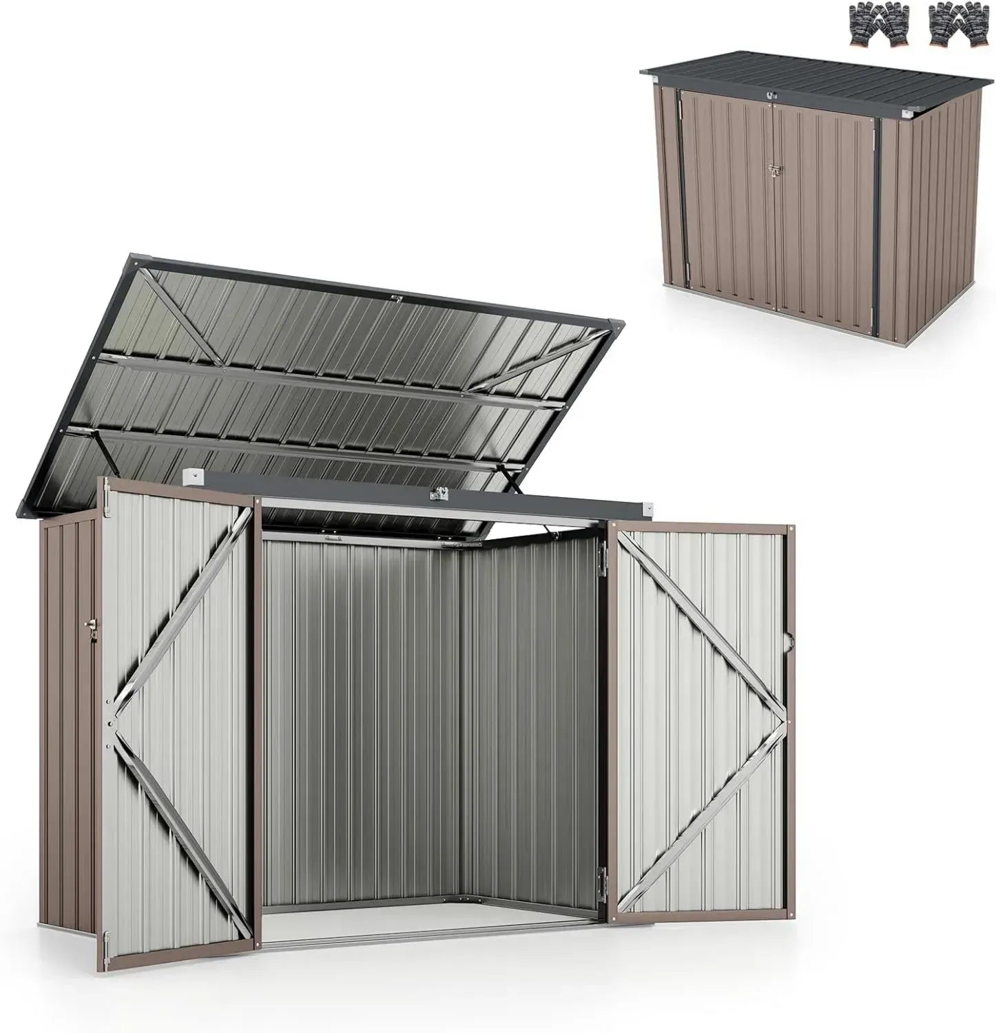 Abri de Jardin Métallique 1.7m HOMASIS avec Portes Doubles, Toit Rabattable et Structure Renforcée, Résistant pour Terrasse ou Ferme, Dimensions 172 x 101 x 130 cm (Brun)