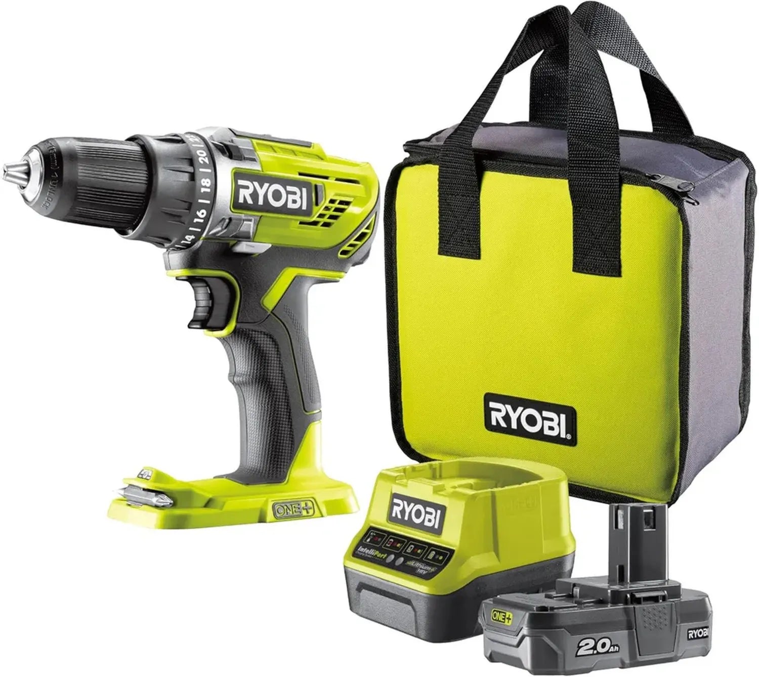 Perceuse-visseuse sans fil 18V RYOBI avec batterie 2,0 Ah et sac
