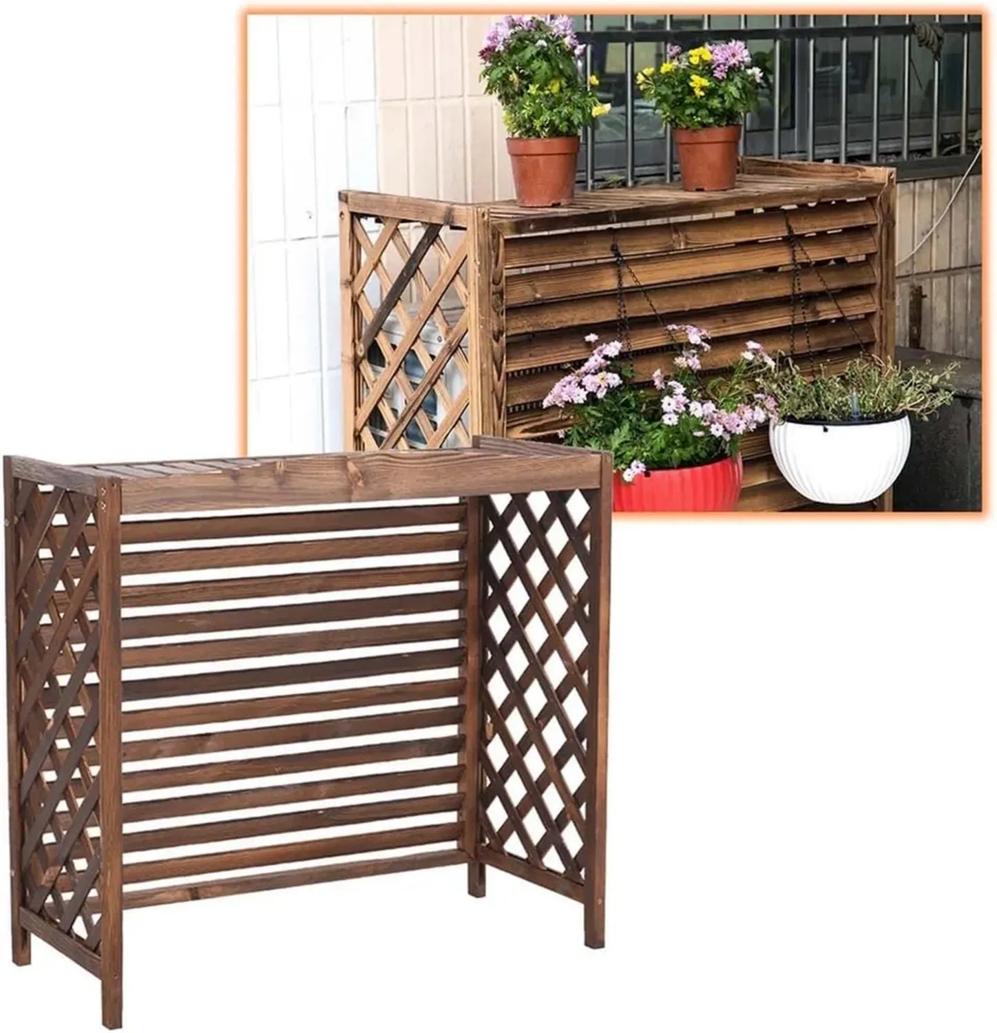 Couverture de Climatisation en Bois avec Paravent et Étagère à Fleurs Anticorrosion, 120 x 57 x 100 cm